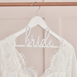Wedding hanger with Bride inscription in white.