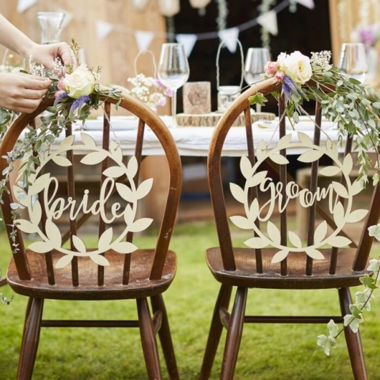 Wooden decorative inscriptions of bride and groom chair "Groom" & "Bride"
